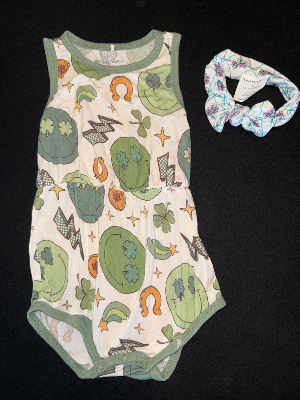 Posh Peanut Green and Orange Luck Graphic Romper and bow